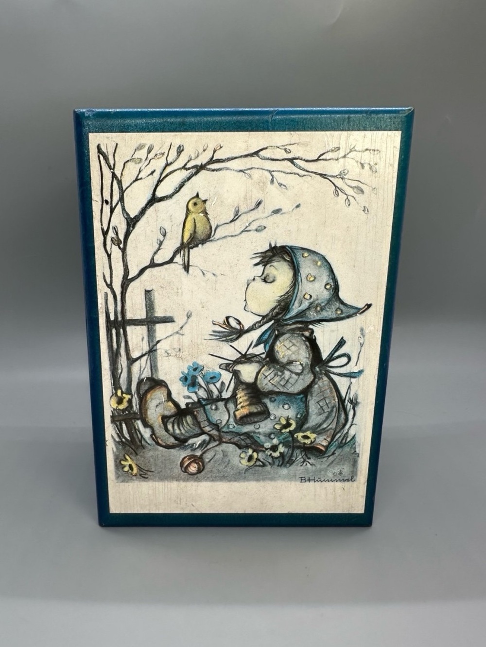 Vintage Hummel Blue Wooden Music Jewelry Box with Girl and Bird Artwork Works